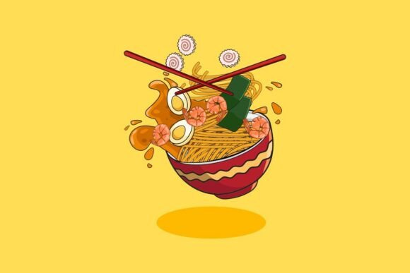 Ramen Bowl Splash: Dynamic Noodles & Shrimp Artwork